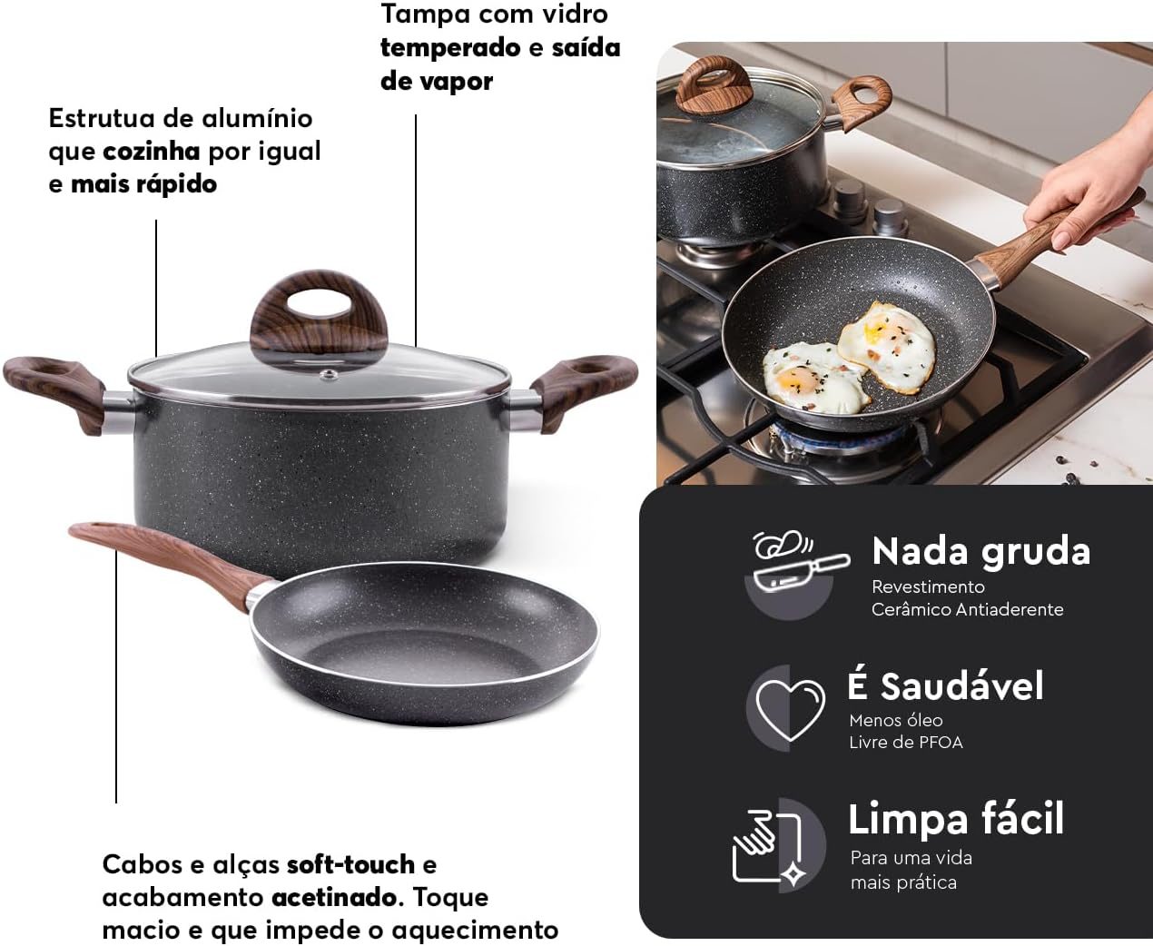Detalhes de tampa de vidro e cabos soft touch Brinox Ceramic Life