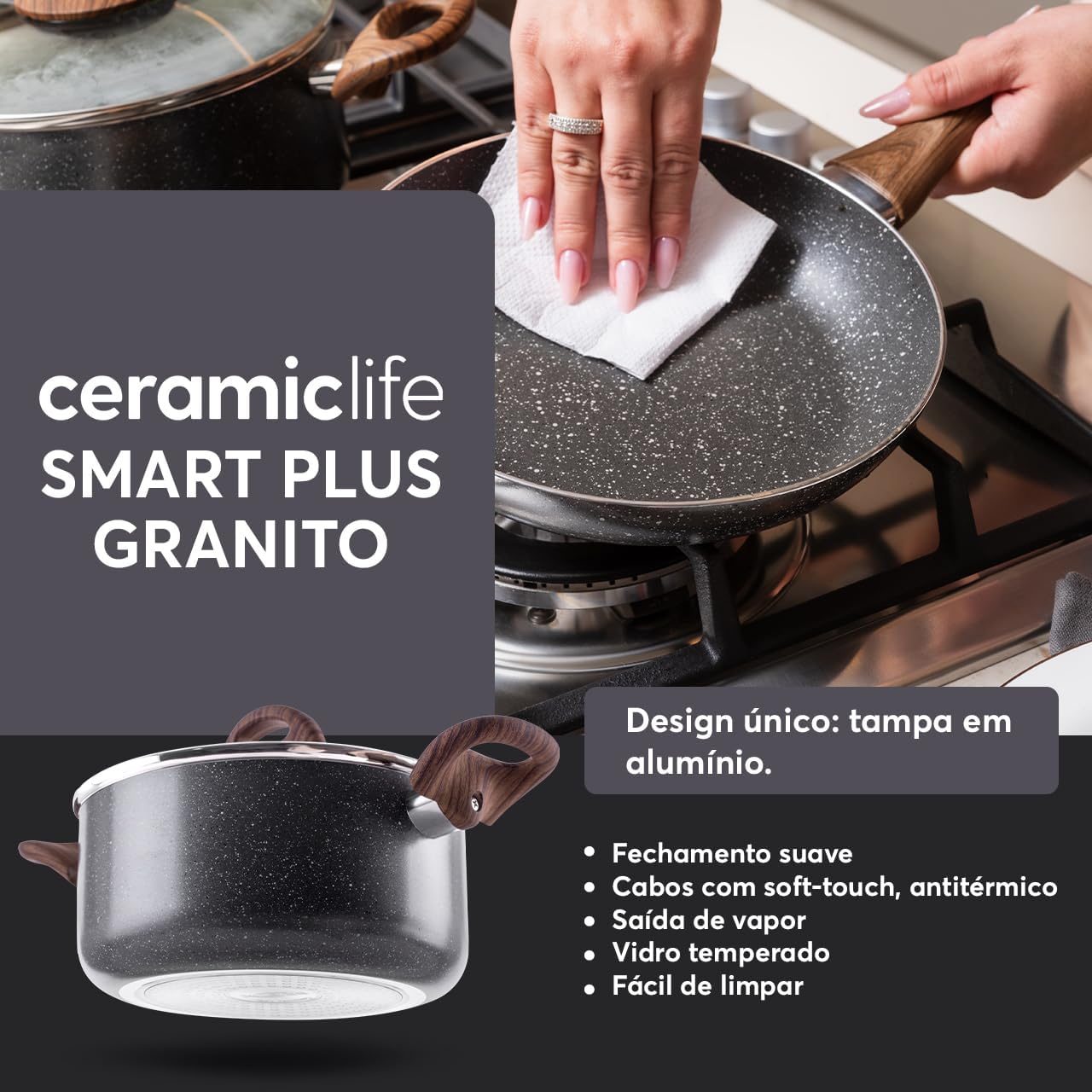 Design do jogo de panelas Brinox Ceramic Life Smart Plus Granito