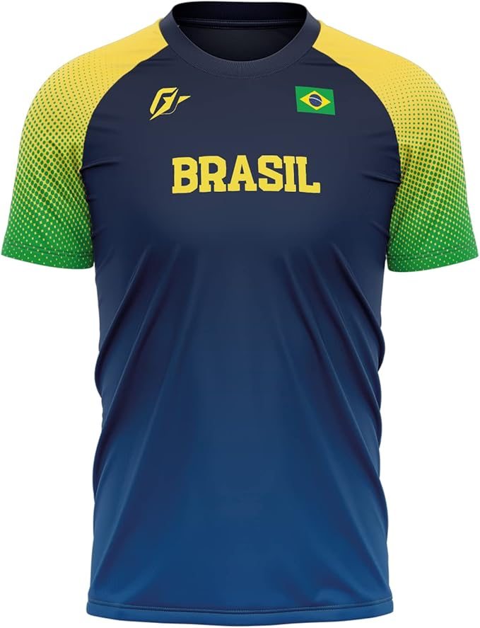Camisa Brasil azul com mangas verde e amarelas