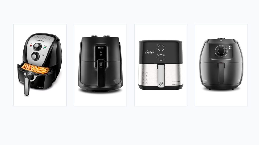 Comparativo visual de air fryers com imagens em alta resolucao