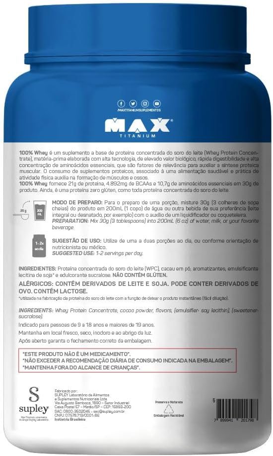 Max Titanium 100% Whey Chocolate 900g - imagem do produto